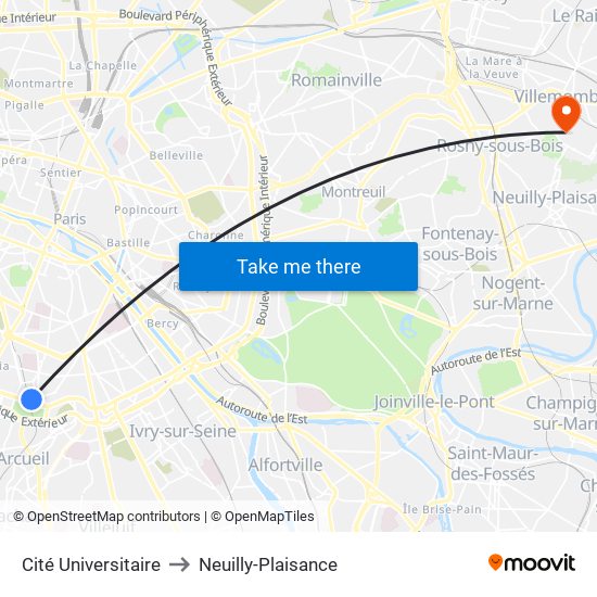 Cité Universitaire to Neuilly-Plaisance map