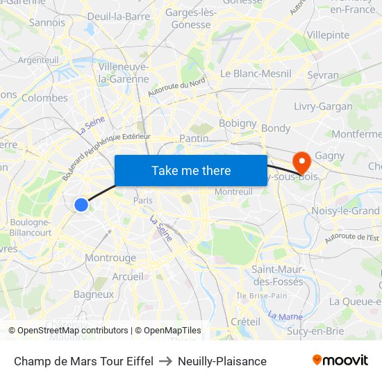 Champ de Mars Tour Eiffel to Neuilly-Plaisance map