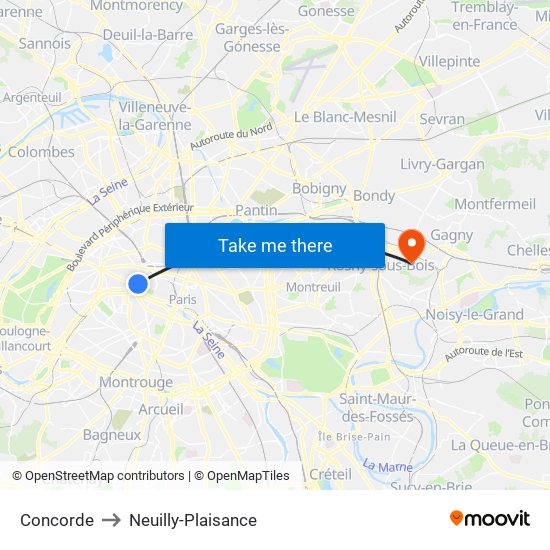 Concorde to Neuilly-Plaisance map