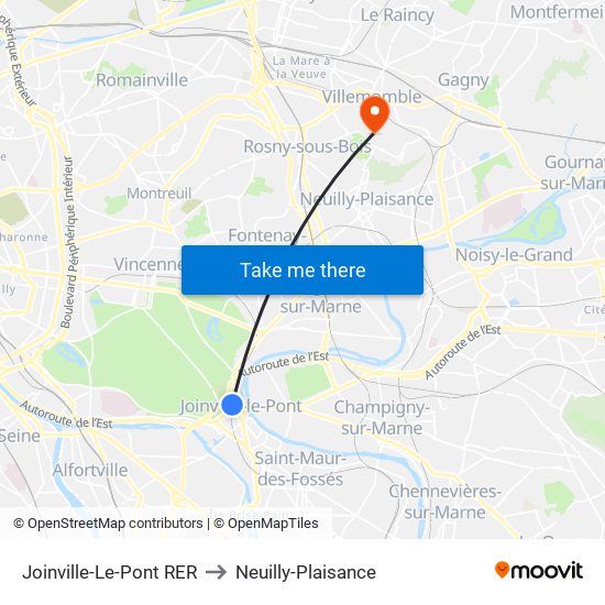 Joinville-Le-Pont RER to Neuilly-Plaisance map