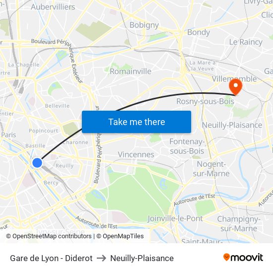 Gare de Lyon - Diderot to Neuilly-Plaisance map