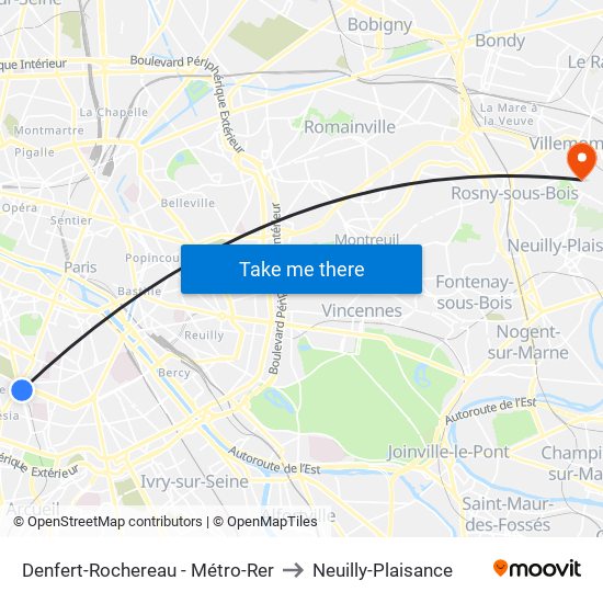 Denfert-Rochereau - Métro-Rer to Neuilly-Plaisance map