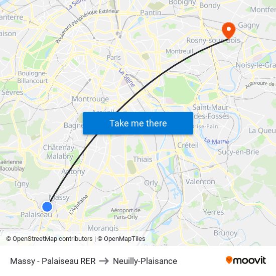Massy - Palaiseau RER to Neuilly-Plaisance map