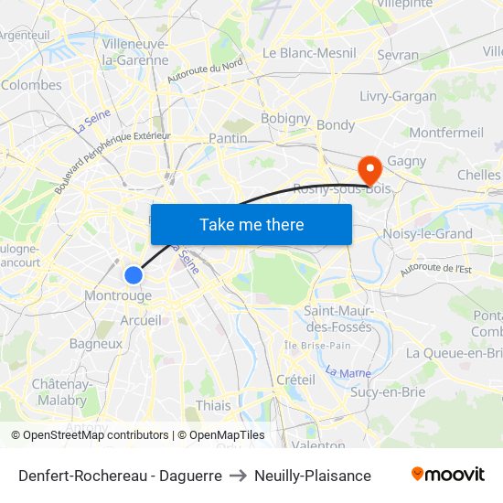 Denfert-Rochereau - Daguerre to Neuilly-Plaisance map