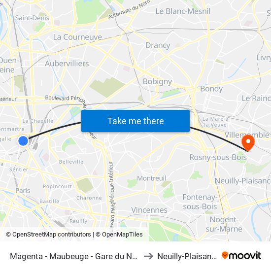 Magenta - Maubeuge - Gare du Nord to Neuilly-Plaisance map