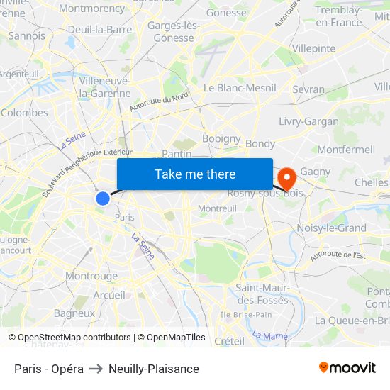 Paris - Opéra to Neuilly-Plaisance map