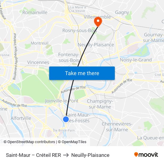 Saint-Maur – Créteil RER to Neuilly-Plaisance map