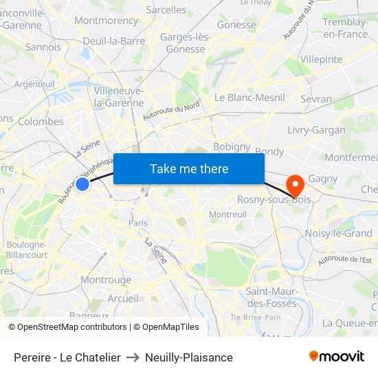 Pereire - Le Chatelier to Neuilly-Plaisance map