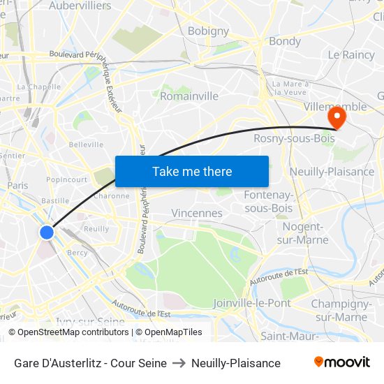 Gare D'Austerlitz - Cour Seine to Neuilly-Plaisance map