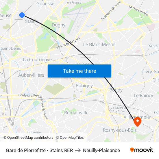 Gare de Pierrefitte - Stains RER to Neuilly-Plaisance map