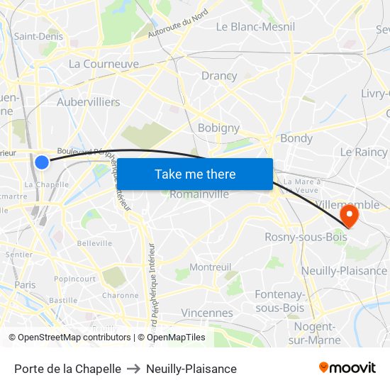 Porte de la Chapelle to Neuilly-Plaisance map