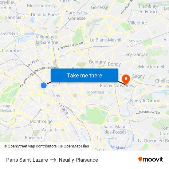 Paris Saint-Lazare to Neuilly-Plaisance map