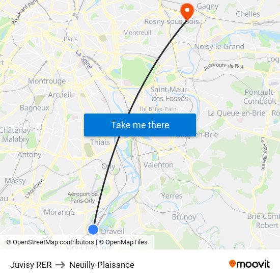 Juvisy RER to Neuilly-Plaisance map