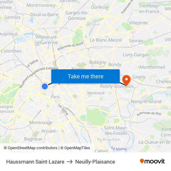 Haussmann Saint-Lazare to Neuilly-Plaisance map