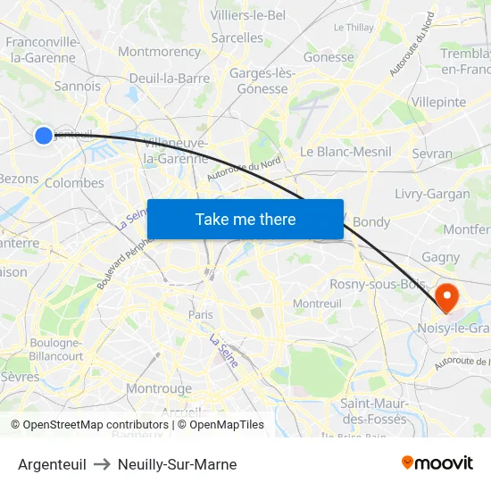 Argenteuil to Neuilly-Sur-Marne map