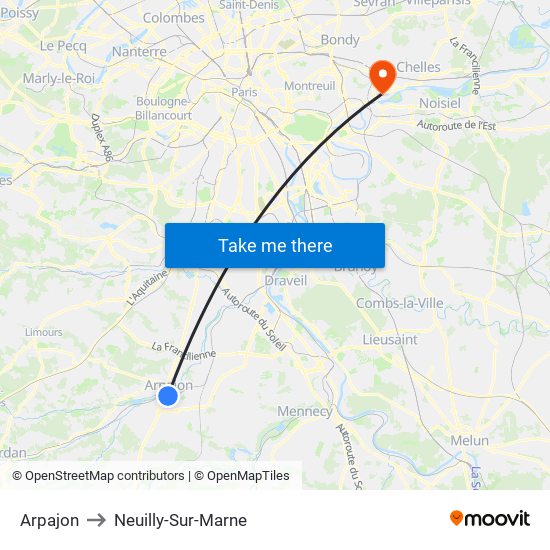 Arpajon to Neuilly-Sur-Marne map