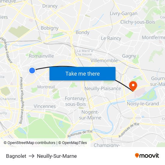 Bagnolet to Neuilly-Sur-Marne map