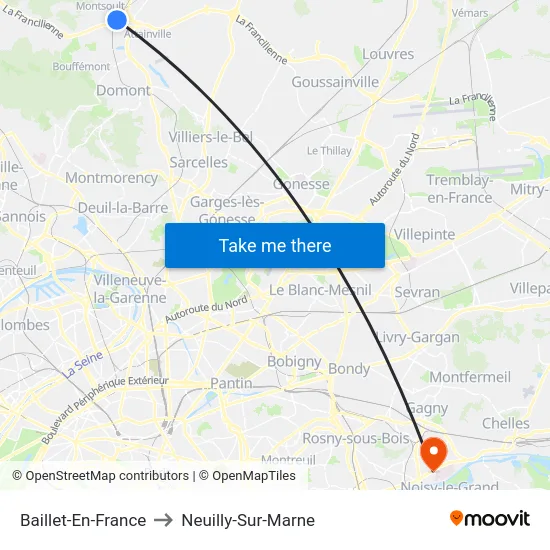 Baillet-En-France to Neuilly-Sur-Marne map