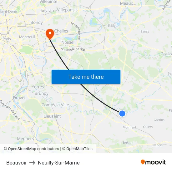 Beauvoir to Neuilly-Sur-Marne map
