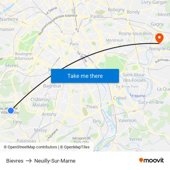 Bievres to Neuilly-Sur-Marne map