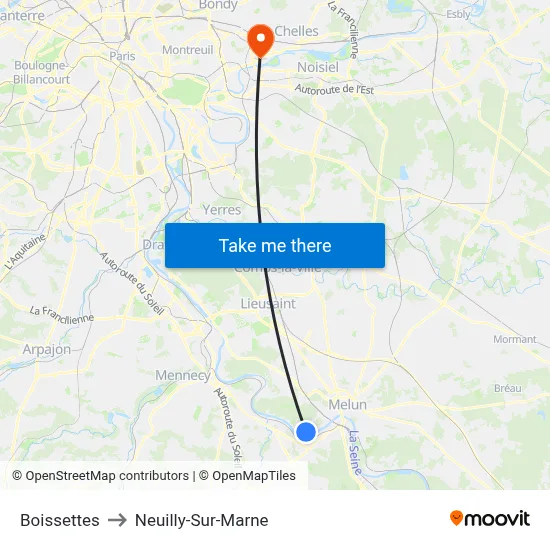 Boissettes to Neuilly-Sur-Marne map