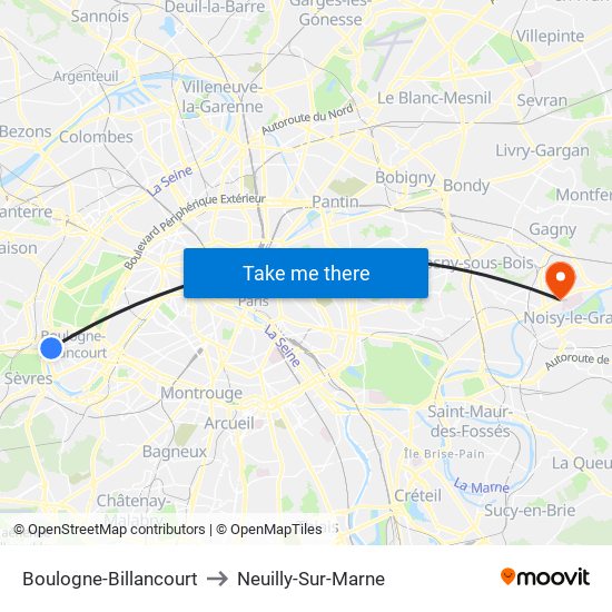 Boulogne-Billancourt to Neuilly-Sur-Marne map