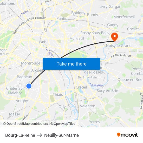 Bourg-La-Reine to Neuilly-Sur-Marne map