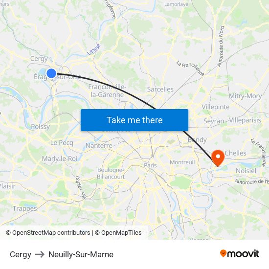 Cergy to Neuilly-Sur-Marne map