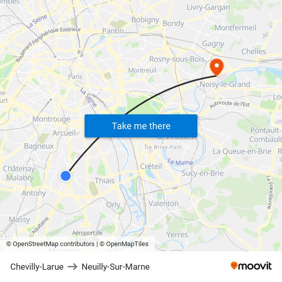 Chevilly-Larue to Neuilly-Sur-Marne map