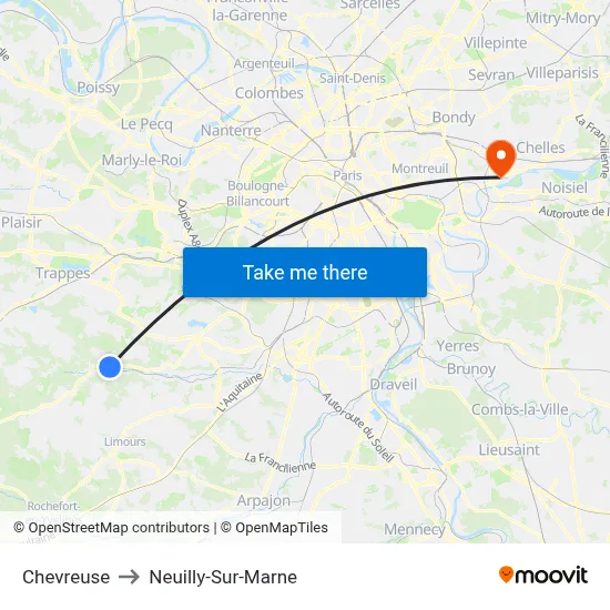 Chevreuse to Neuilly-Sur-Marne map
