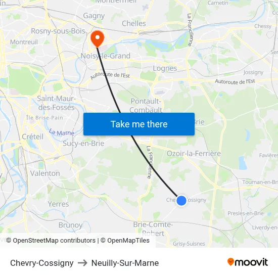 Chevry-Cossigny to Neuilly-Sur-Marne map