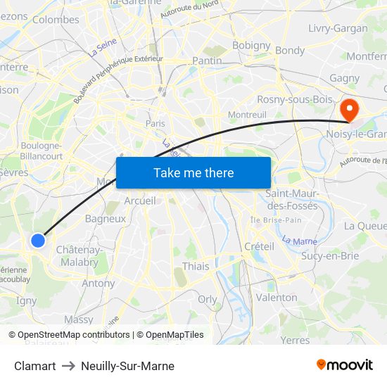 Clamart to Neuilly-Sur-Marne map