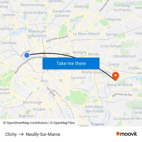 Clichy to Neuilly-Sur-Marne map