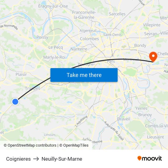 Coignieres to Neuilly-Sur-Marne map