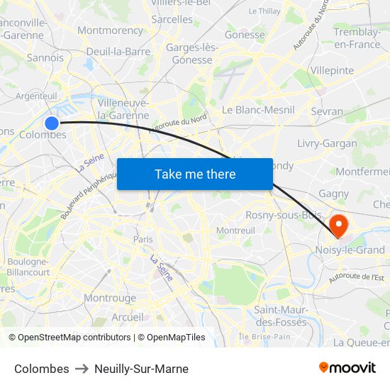 Colombes to Neuilly-Sur-Marne map