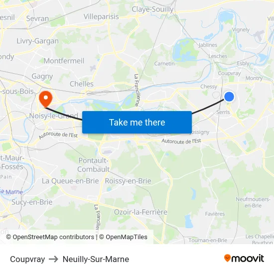 Coupvray to Neuilly-Sur-Marne map