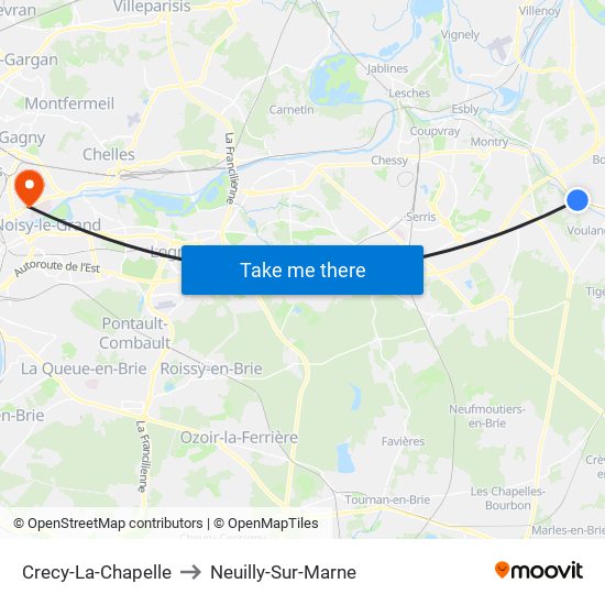 Crecy-La-Chapelle to Neuilly-Sur-Marne map