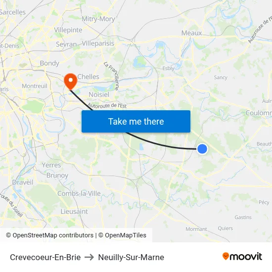 Crevecoeur-En-Brie to Neuilly-Sur-Marne map