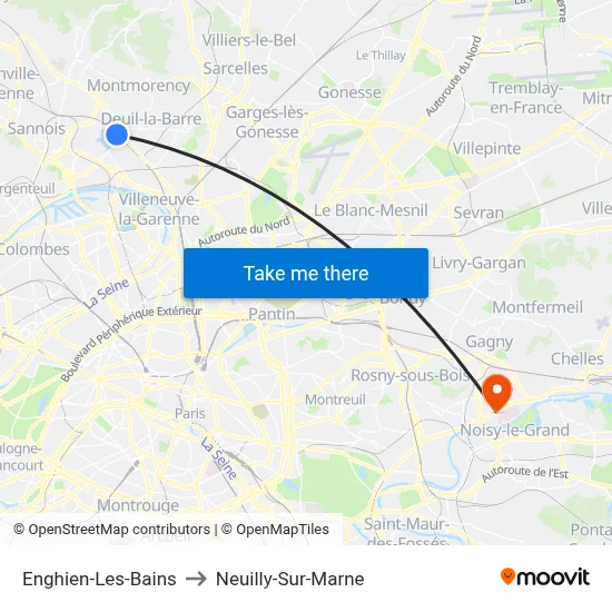 Enghien-Les-Bains to Neuilly-Sur-Marne map