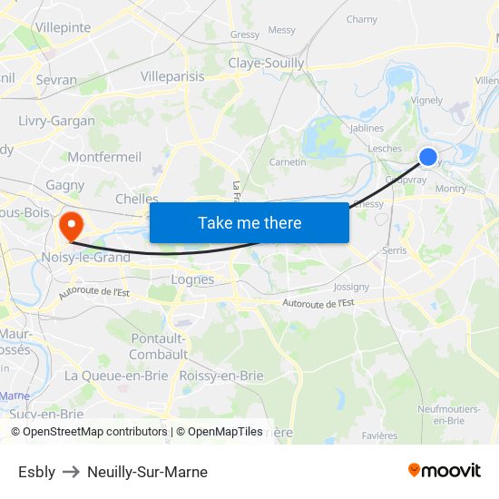 Esbly to Neuilly-Sur-Marne map