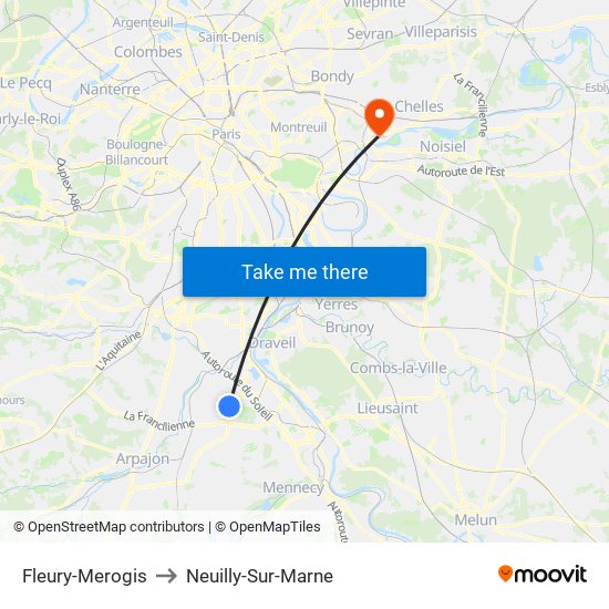 Fleury-Merogis to Neuilly-Sur-Marne map