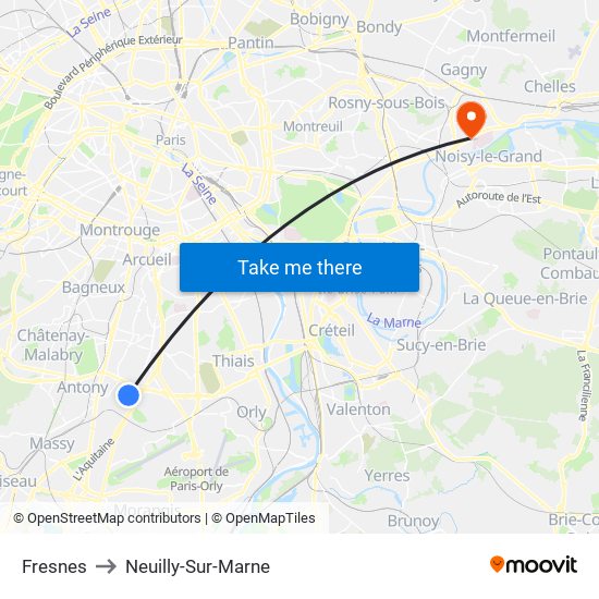 Fresnes to Neuilly-Sur-Marne map