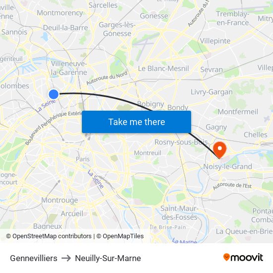 Gennevilliers to Neuilly-Sur-Marne map