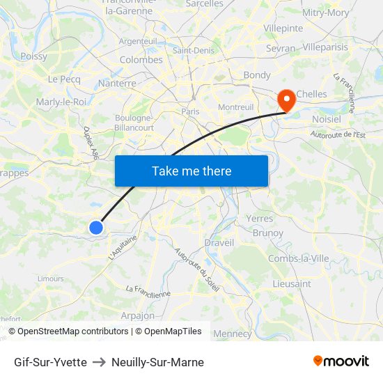 Gif-Sur-Yvette to Neuilly-Sur-Marne map