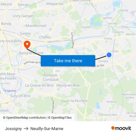 Jossigny to Neuilly-Sur-Marne map