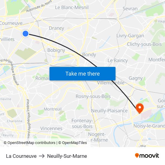 La Courneuve to Neuilly-Sur-Marne map