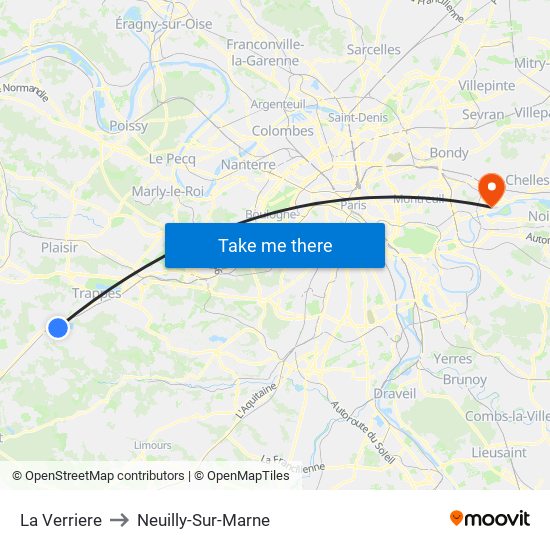 La Verriere to Neuilly-Sur-Marne map