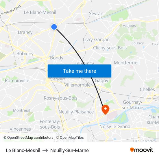 Le Blanc-Mesnil to Neuilly-Sur-Marne map