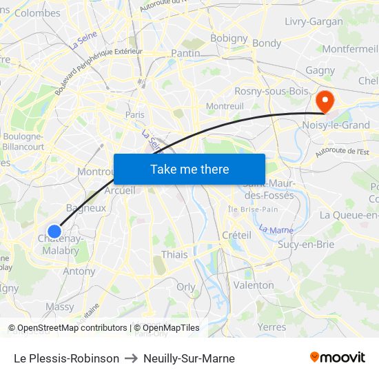 Le Plessis-Robinson to Neuilly-Sur-Marne map