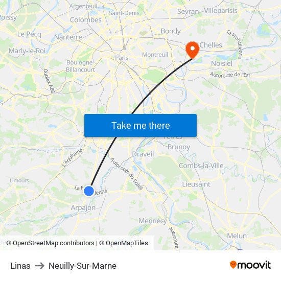 Linas to Neuilly-Sur-Marne map
